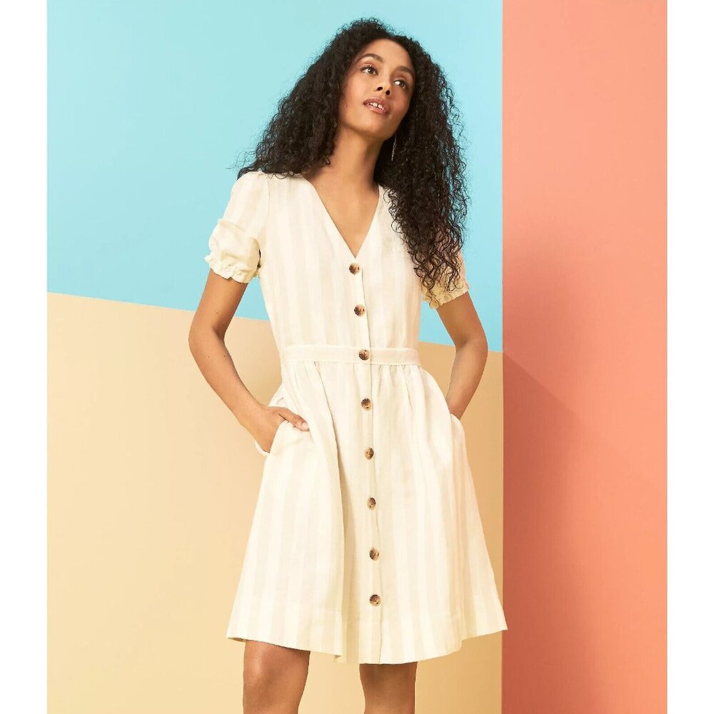 LOFT Cream Striped Button‑Front Short Sleeve Dress